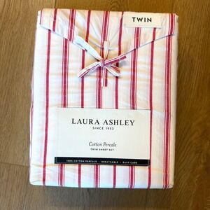 Laura Ashley Symphony Stripe Red White Twin Sheet Set 100% Cotton Percale NEW